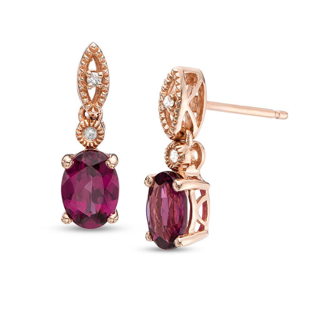 Oval Rhodolite Garnet and Diamond Accent Vintage-Style Drop Earrings in 10K Rose Gold|Peoples Jewellers