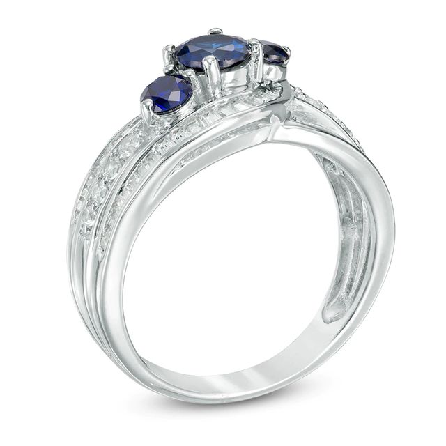 Lab-Created Blue and White Sapphire Three Stone Slant Ring in Sterling Silver|Peoples Jewellers