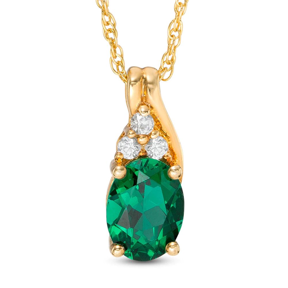 Oval Lab-Created Emerald and White Sapphire Pendant in Sterling Silver with 14K Gold Plate|Peoples Jewellers