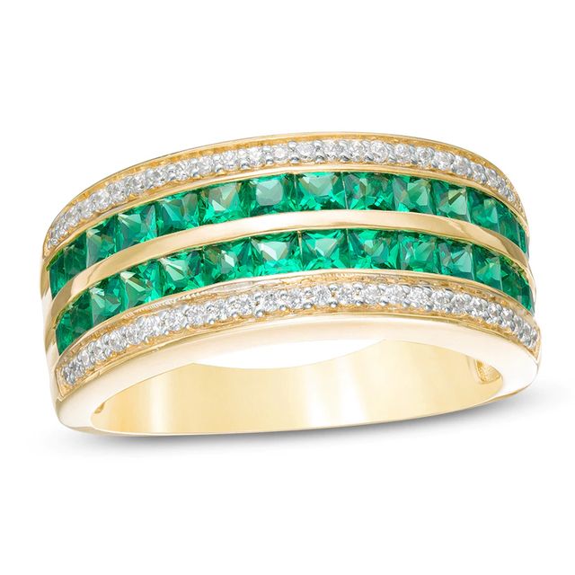 Princess-Cut Lab-Created Emerald and 0.18 CT. T.W. Diamond Double Row Band in 10K Gold|Peoples Jewellers