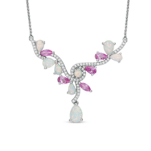 Lab-Created Opal, Pink and White Sapphire Necklace in Sterling Silver - 15.5"|Peoples Jewellers