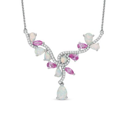 Lab-Created Opal, Pink and White Sapphire Necklace in Sterling Silver - 15.5"|Peoples Jewellers