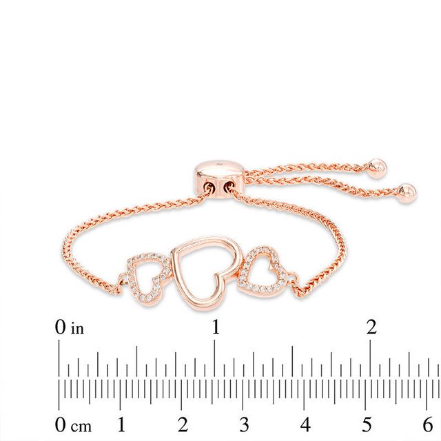 Lab-Created White Sapphire Triple Heart Bolo Bracelet in Sterling Silver with 18K Rose Gold Plate - 9.0"