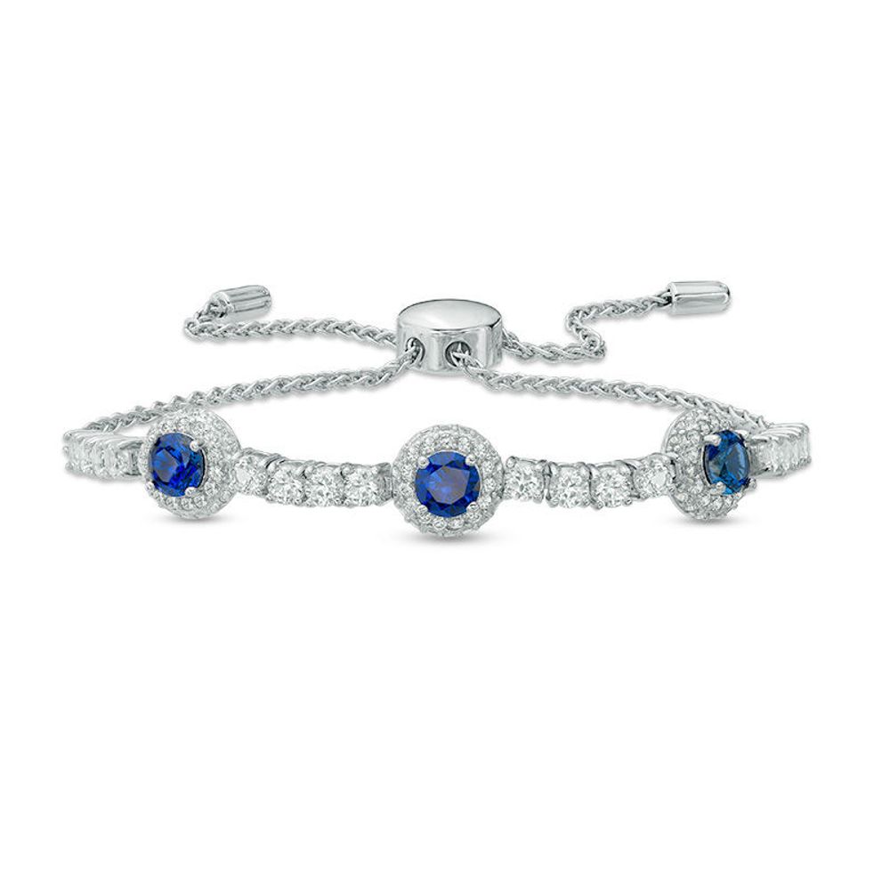 5.0mm Lab-Created Blue and White Sapphire Frame Three Stone Bolo Bracelet in Sterling Silver - 9.0"|Peoples Jewellers