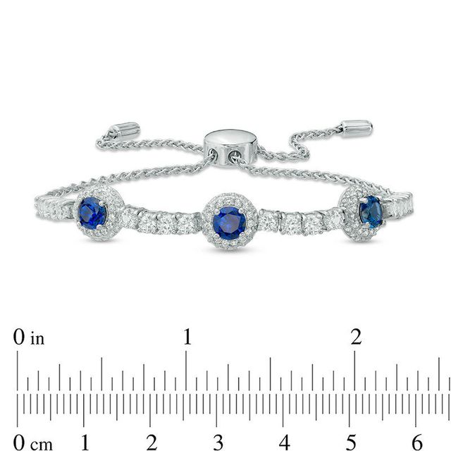 5.0mm Lab-Created Blue and White Sapphire Frame Three Stone Bolo Bracelet in Sterling Silver - 9.0"|Peoples Jewellers