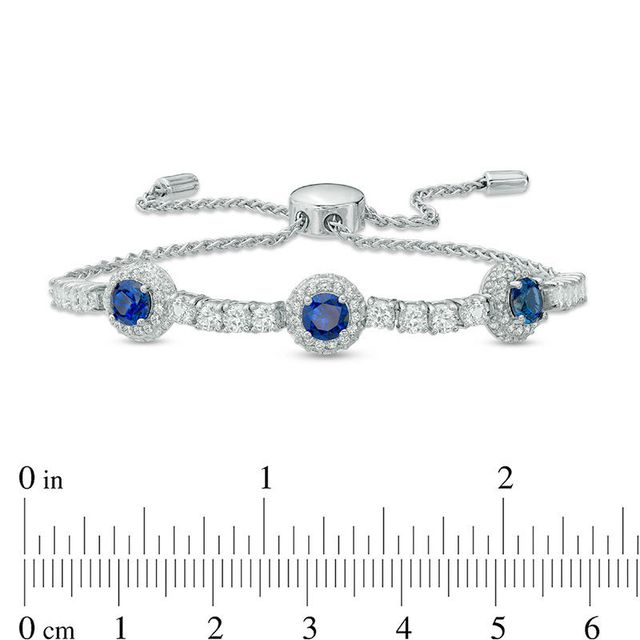 5.0mm Lab-Created Blue and White Sapphire Frame Three Stone Bolo Bracelet in Sterling Silver - 9.0"