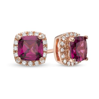 5.0mm Cushion-Cut Cur Rhodolite Garnet and Diamond Accent Frame Stud Earrings in 10K Rose Gold|Peoples Jewellers