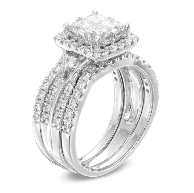 2.00 CT. T.W. Princess-Cut Quad Diamond Frame Three Piece Bridal Set in 14K White Gold|Peoples Jewellers