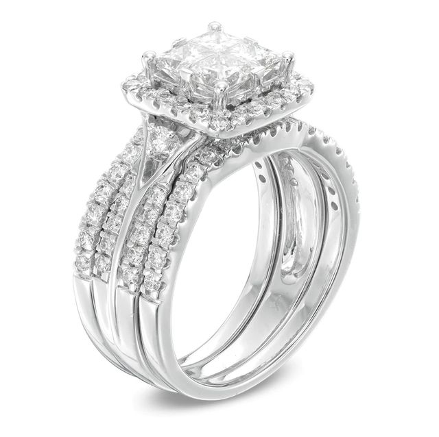 2.00 CT. T.W. Princess-Cut Quad Diamond Frame Three Piece Bridal Set in 14K White Gold