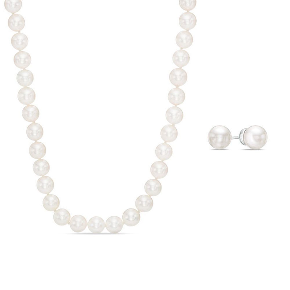 Vera Wang Love Collection Akoya Cultured Pearl and 0.15 CT. T.W. Diamond Necklace and Earrings Set in 14K White Gold|Peoples Jewellers