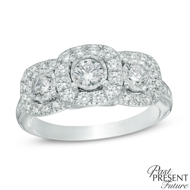 0.95 CT. T.W. Diamond Cushion Frame Past Present Future® Engagement Ring in 14K White Gold|Peoples Jewellers