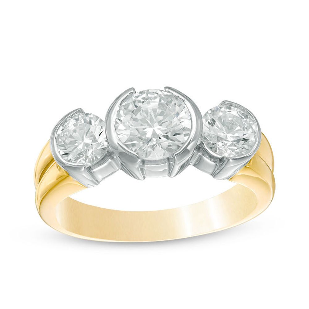 1.50 CT. T.W. Certified Canadian Diamond Three Stone Engagement Ring in 14K Two-Tone Gold (I/I2)|Peoples Jewellers