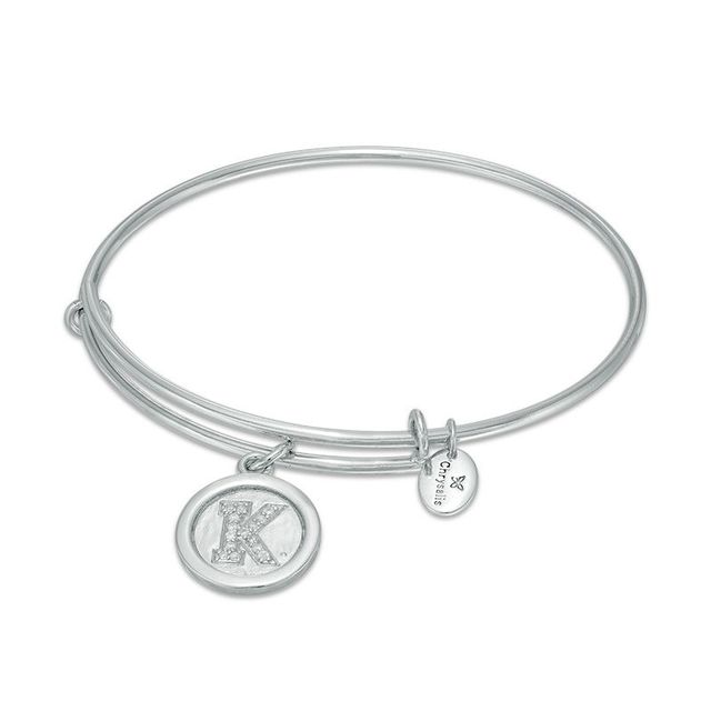 Chrysalis Cubic Zirconia "K" Initial Charm Adjustable Bangle in White Brass|Peoples Jewellers