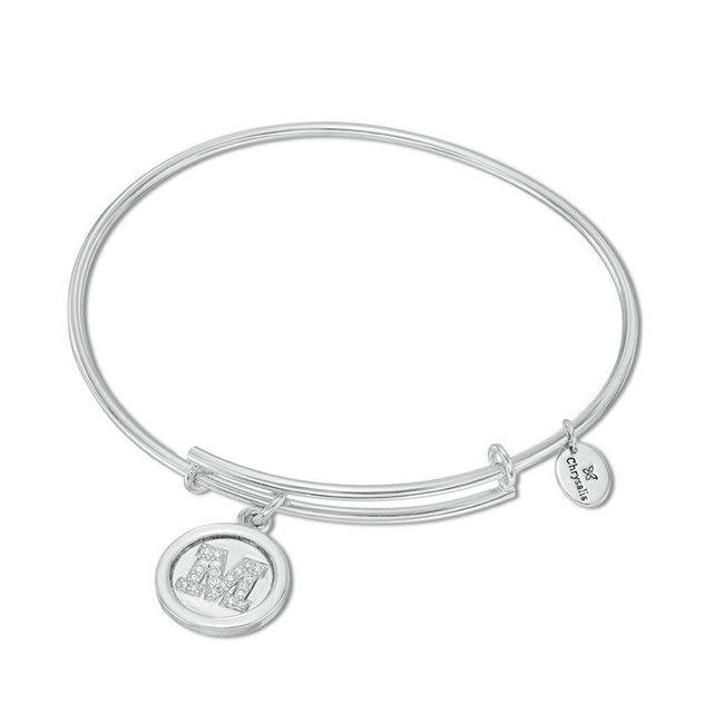 Chrysalis Cubic Zirconia "M" Initial Charm Adjustable Bangle in White Brass|Peoples Jewellers