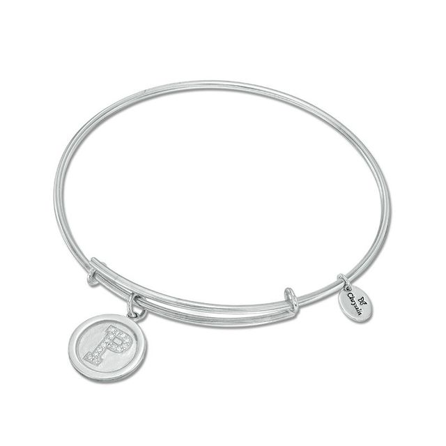 Chrysalis Cubic Zirconia "P" Initial Charm Adjustable Bangle in White Brass|Peoples Jewellers