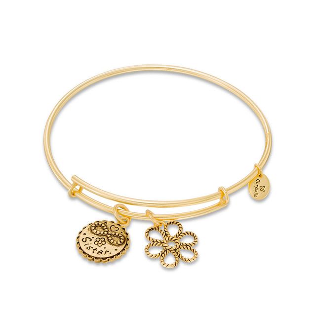 Chrysalis "Sister" Charms Adjustable Bangle in Yellow-Tone Brass|Peoples Jewellers