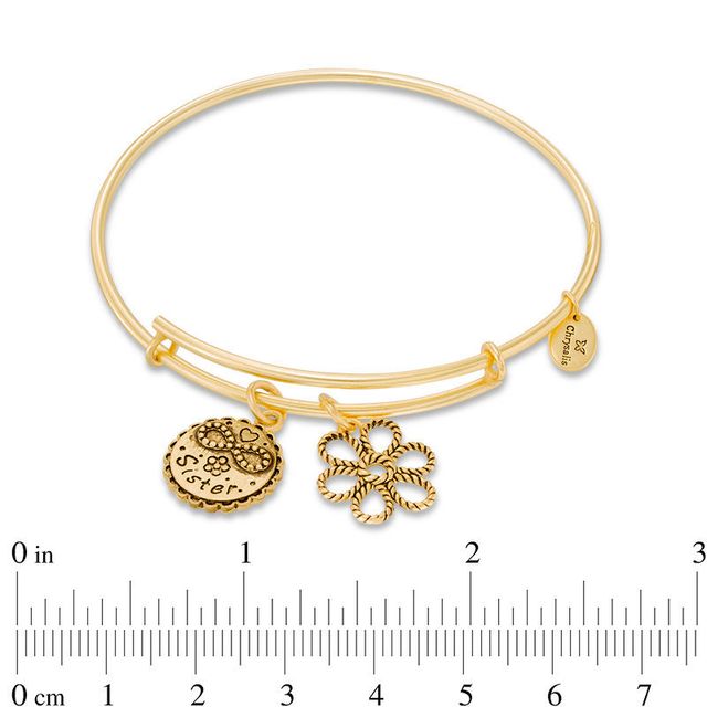 Chrysalis "Sister" Charms Adjustable Bangle in Yellow-Tone Brass|Peoples Jewellers