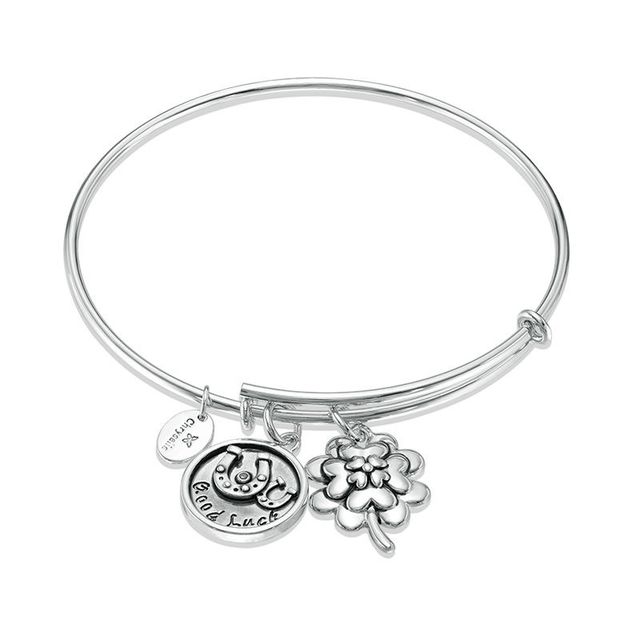 Chrysalis Cubic Zirconia "Good Luck" Charms Adjustable Bangle in White Brass|Peoples Jewellers