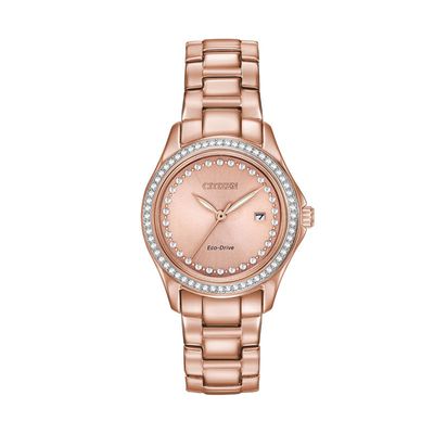 Ladies' Exclusive Citizen Eco-Drive® Crystal Accent Rose-Tone Watch (Model: FE1143-88Q)|Peoples Jewellers