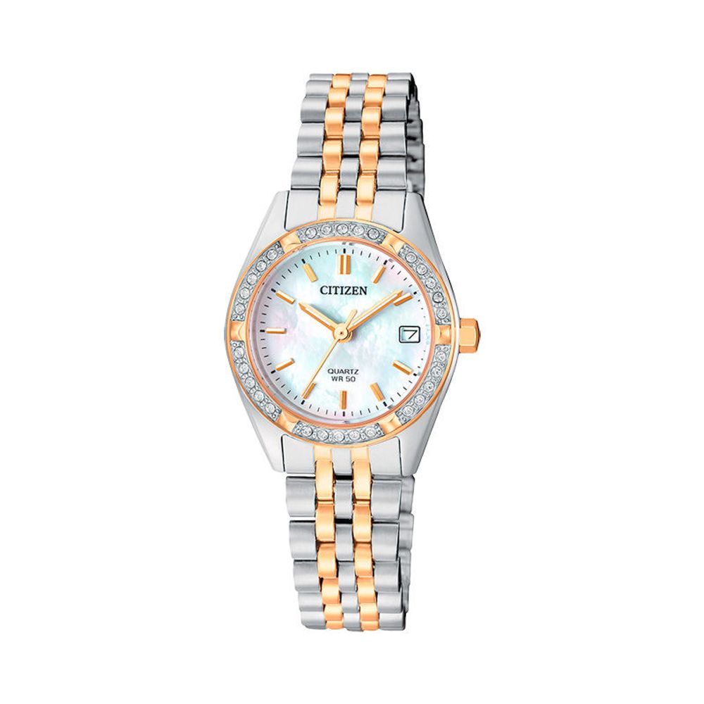 Ladies' Citizen Crystal Accent Two-Tone Watch with Mother-of-Pearl Dial (Model: EU6064-54D)|Peoples Jewellers