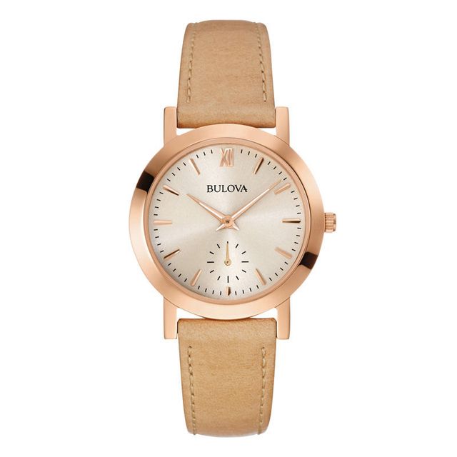 Ladies' Bulova Classic Rose-Tone Strap Watch with White Dial (Model: 97L146)|Peoples Jewellers