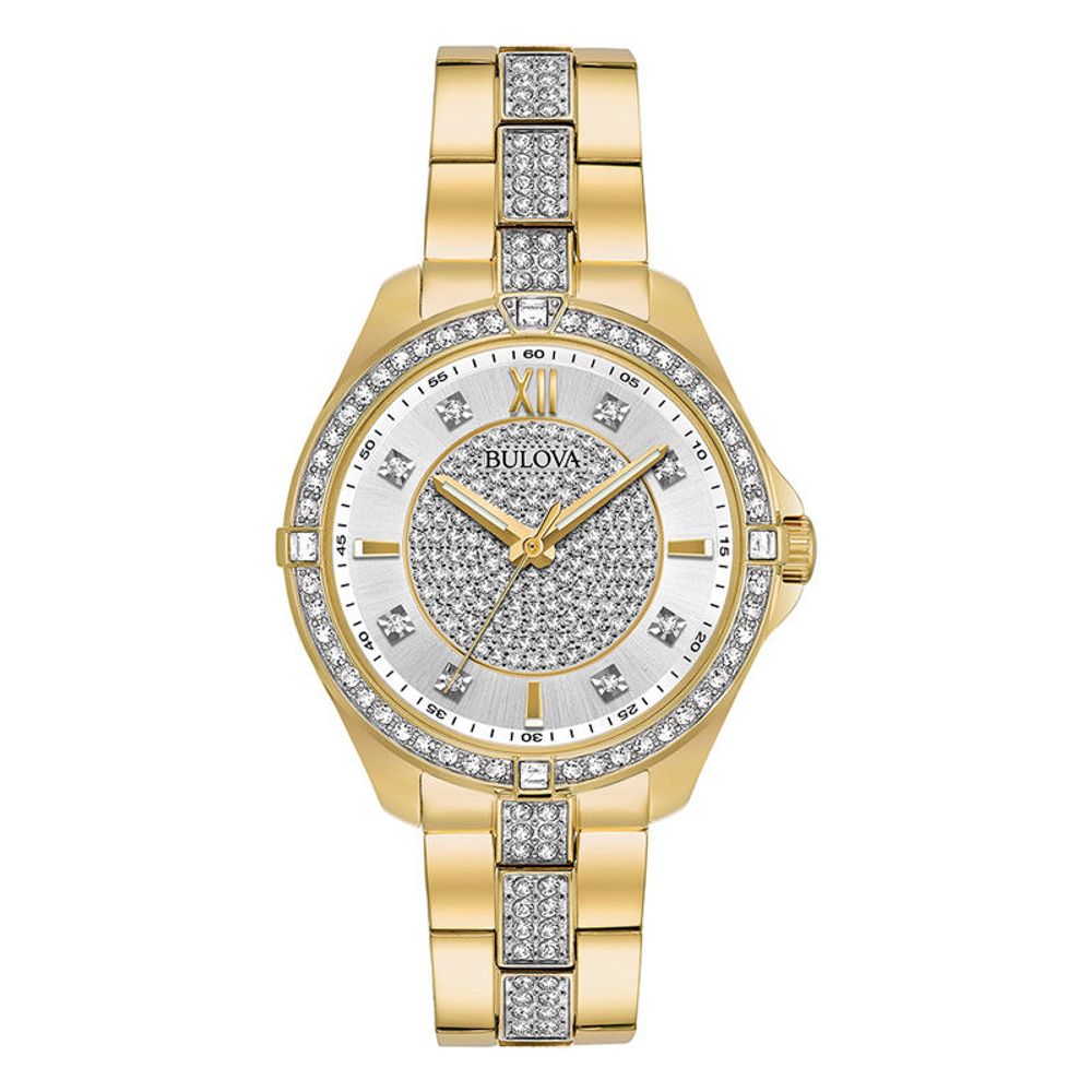 Ladies' Bulova Crystal Accent Gold-Tone Watch with Silver-Tone Dial (Model: 98L228)|Peoples Jewellers