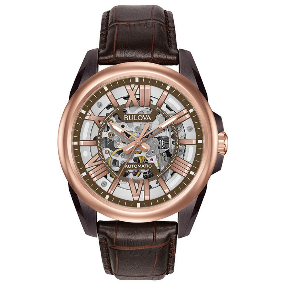 Men's Bulova Automatic Two-Tone Strap Watch with Brown Skeleton Dial (Model: 98A165)|Peoples Jewellers