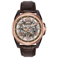 Men's Bulova Automatic Two-Tone Strap Watch with Brown Skeleton Dial (Model: 98A165)|Peoples Jewellers