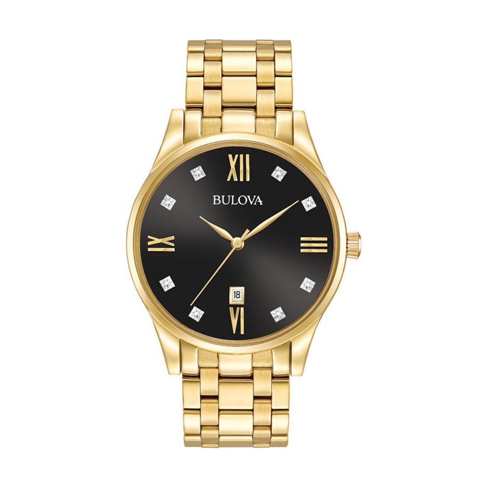 Men's Bulova Diamond Accent Gold-Tone Watch with Black Dial (Model: 97D108)|Peoples Jewellers