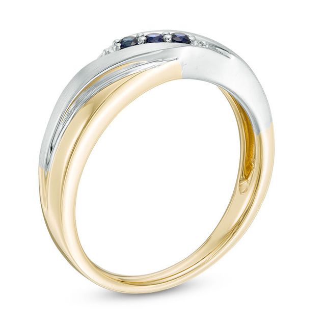 Ladies' Blue Sapphire Three Stone Slant Wedding Band in 10K Two-Tone Gold