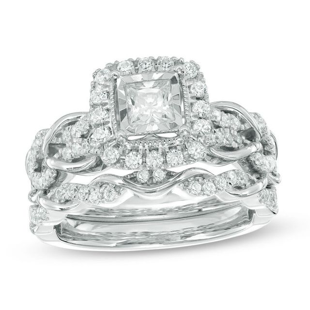 1.00 CT. T.W. Princess-Cut Diamond Frame Vintage-Style Bridal Set in 10K White Gold