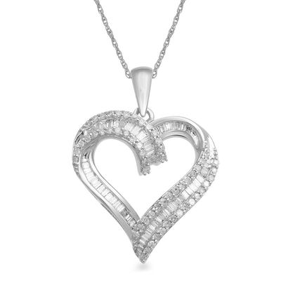 0.25 CT. T.W. Baguette and Round Diamond Heart Pendant in 10K White Gold|Peoples Jewellers