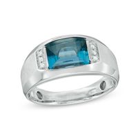 Men's Barrel-Cut London Blue Topaz and Diamond Accent Ring in 10K White Gold|Peoples Jewellers