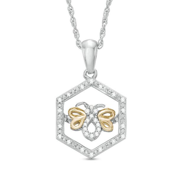 Unstoppable Love™ Diamond Accent Hexagon Frame Bee Pendant in Sterling Silver and 10K Gold|Peoples Jewellers