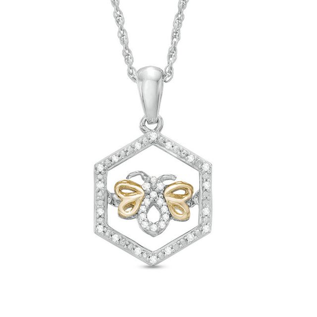 Unstoppable Love™ Diamond Accent Hexagon Frame Bee Pendant in Sterling Silver and 10K Gold