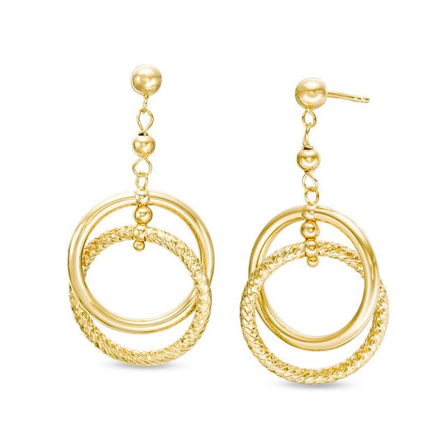 Etched Double Circle Drop Earrings in 14K Gold|Peoples Jewellers