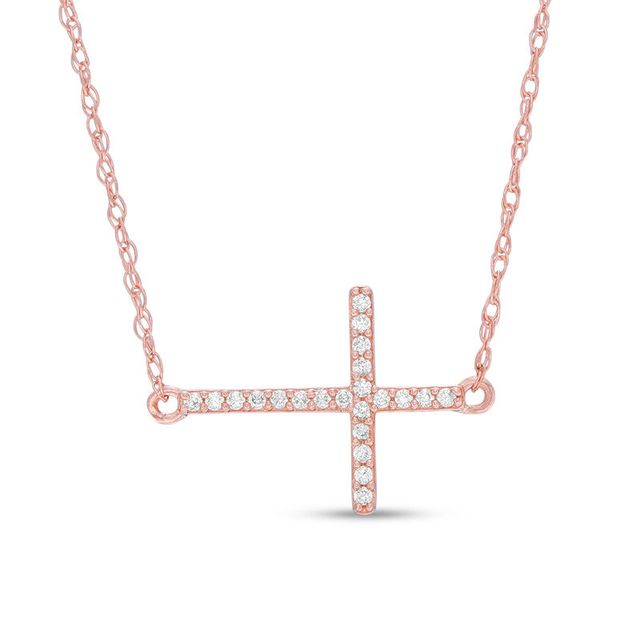 0.05 CT. T.W. Diamond Sideways Cross Necklace in 10K Rose Gold|Peoples Jewellers