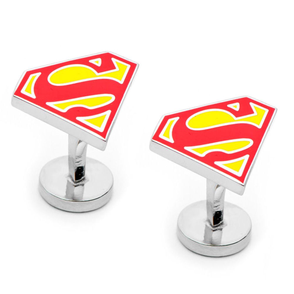 Men's DC Comics Superman Shield Enamel Cuff Links in White Rhodium Brass|Peoples Jewellers