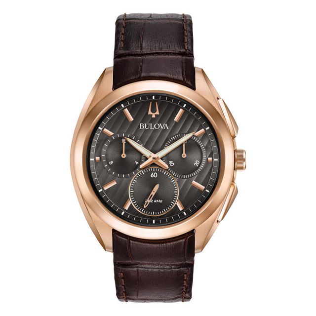 Men's Bulova Curv Chronograph Rose-Tone Strap Watch with Dark Grey Dial (Model: 97A124)|Peoples Jewellers