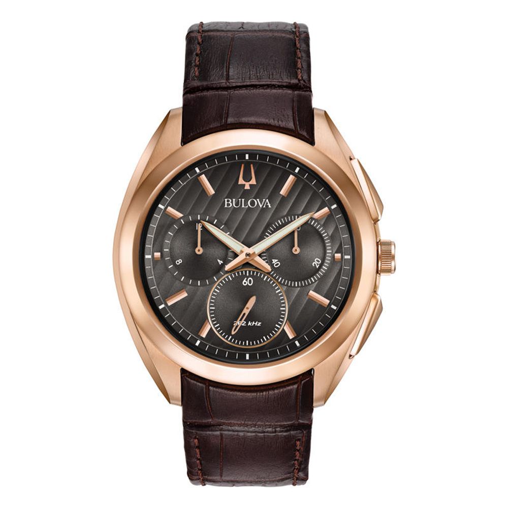 Men's Bulova Curv Chronograph Rose-Tone Strap Watch with Dark Grey Dial (Model: 97A124)|Peoples Jewellers