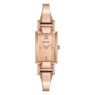 Ladies' Bulova Rose-Tone Bangle Watch with Rectangular Champagne Dial (Model: 97L157)|Peoples Jewellers