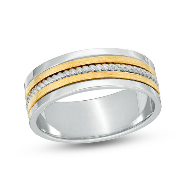 Men's 8.0mm Comfort Fit Rope Wedding Band in 14K Two-Tone Gold - Size 10|Peoples Jewellers