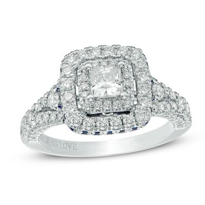 Vera Wang Love Collection 1.30 CT. T.W. Princess-Cut Diamond and Sapphire Frame Engagement Ring in 14K White Gold|Peoples Jewellers