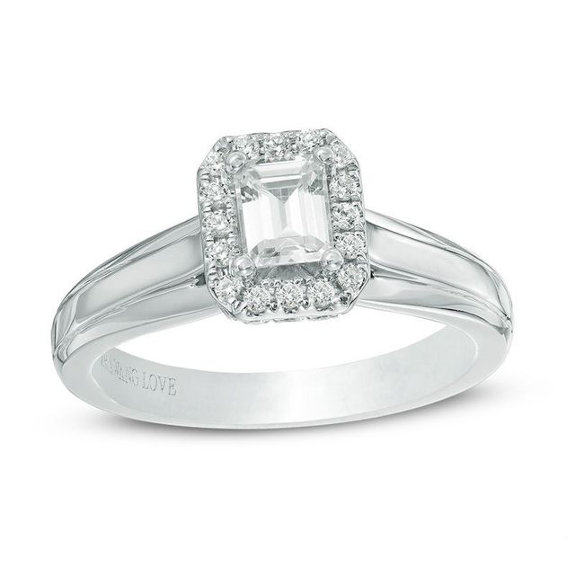 Peoples Vera Wang Love Collection 0.70 CT. T.W. Emerald-Cut Diamond  Rectangle Frame Engagement Ring in 14K White Gold, Peoples Jewellers