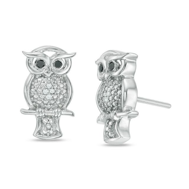0.04 CT. T.W. Enhanced Black and White Diamond Owl Stud Earrings in Sterling Silver|Peoples Jewellers