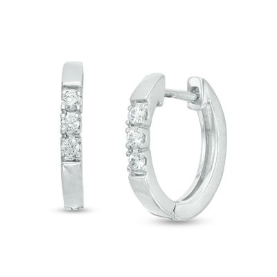 0.13 CT. T.W. Diamond Three Stone Huggie Hoop Earrings in 10K White Gold|Peoples Jewellers