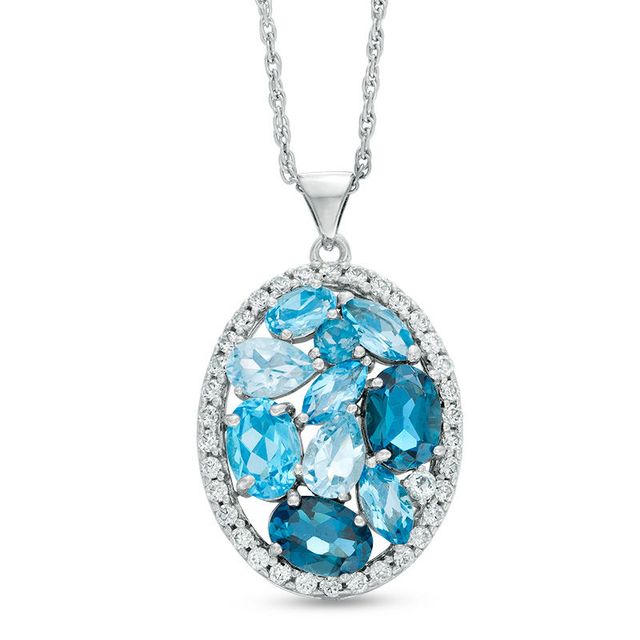 Multi-Shaped Blue Topaz and Lab-Created White Sapphire Frame Oval Cluster Pendant in Sterling Silver|Peoples Jewellers