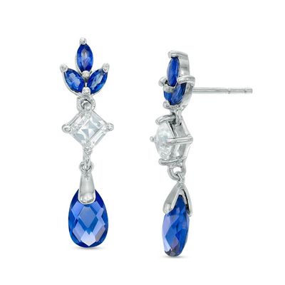 Multi-Shaped Lab-Created Blue and White Sapphire Floral Drop Earrings in Sterling Silver|Peoples Jewellers