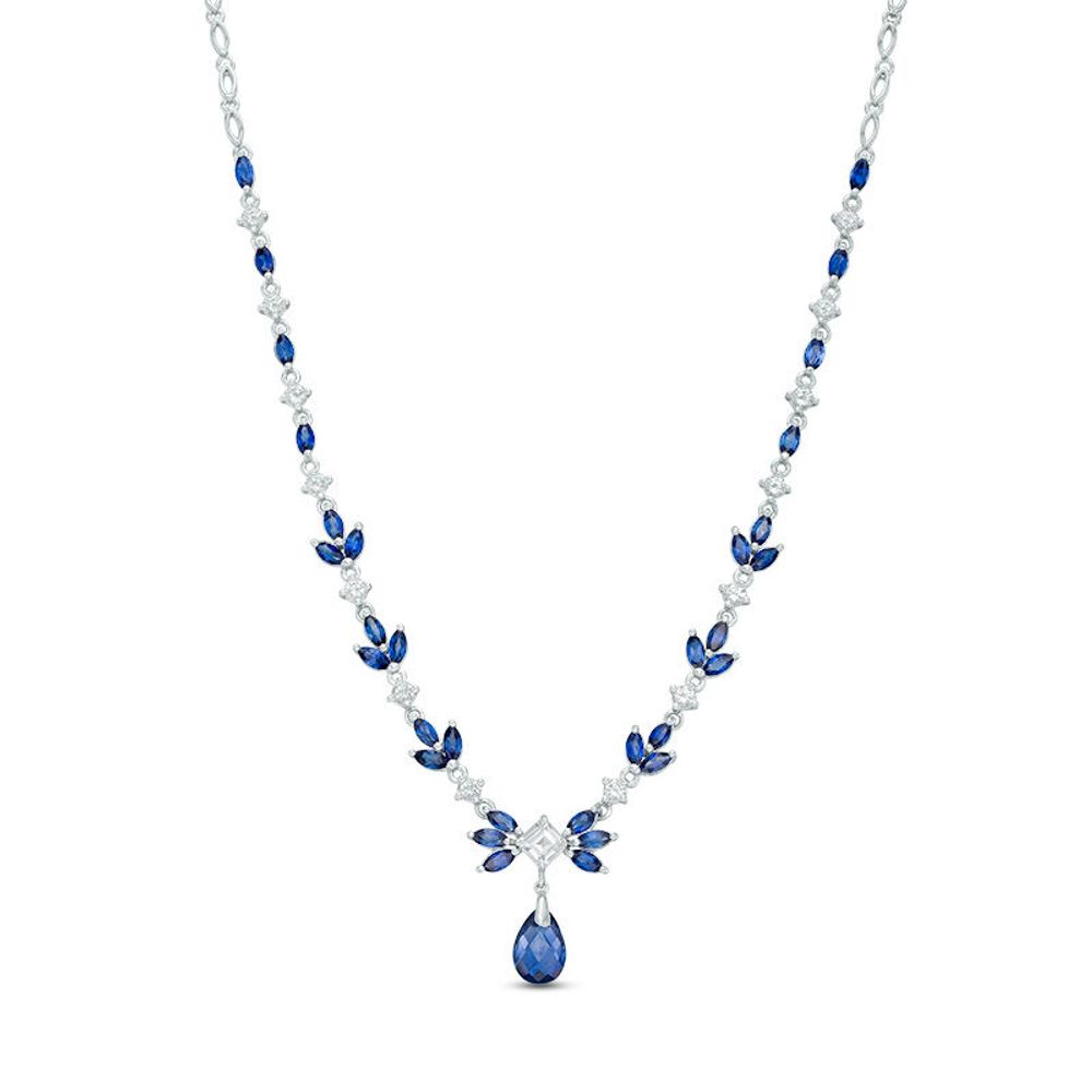 Multi-Shaped Lab-Created Blue and White Sapphire Floral Drop Necklace in Sterling Silver - 17"|Peoples Jewellers