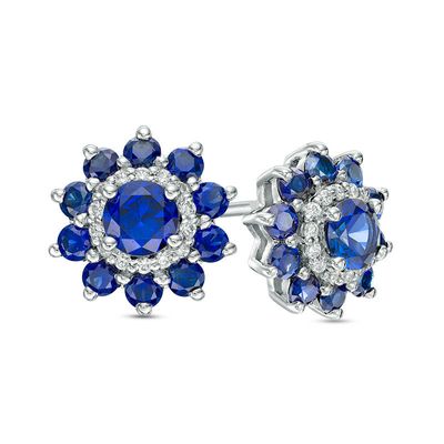 4.0mm Lab-Created Blue and White Sapphire Flower Frame Stud Earrings in 10K White Gold|Peoples Jewellers